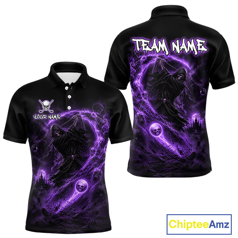 Purple Grim Reaper Golf Polo Shirt – Personalized Team Name Gothic Golf Jersey