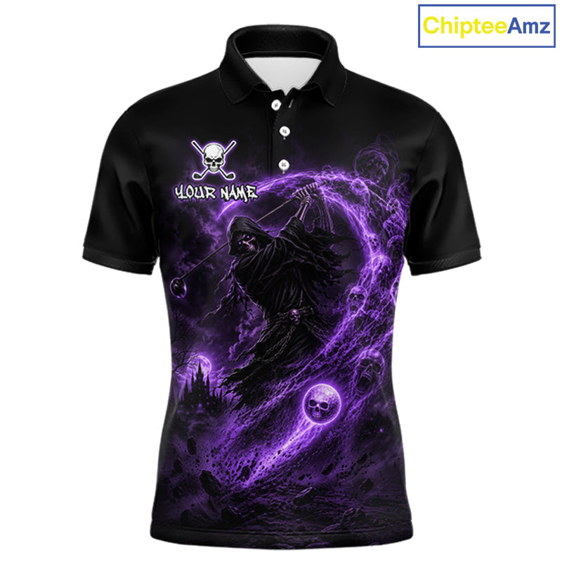 Purple Grim Reaper Golf Polo Shirt – Personalized Team Name Gothic Golf Jersey