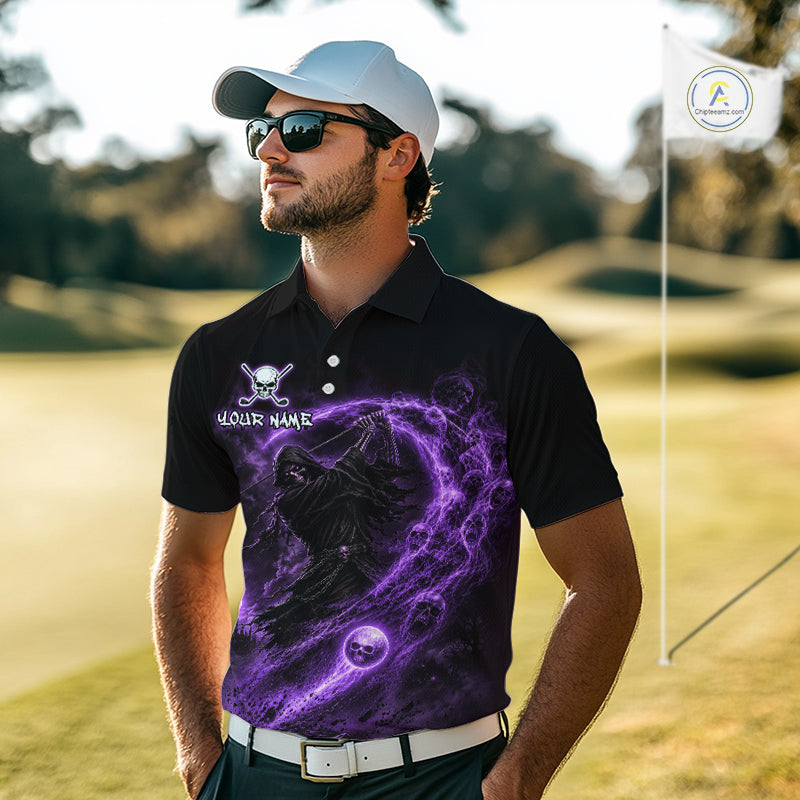 Purple Grim Reaper Golf Polo Shirt – Personalized Team Name Gothic Golf Jersey
