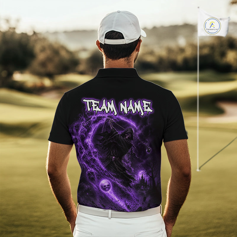Purple Grim Reaper Golf Polo Shirt – Personalized Team Name Gothic Golf Jersey