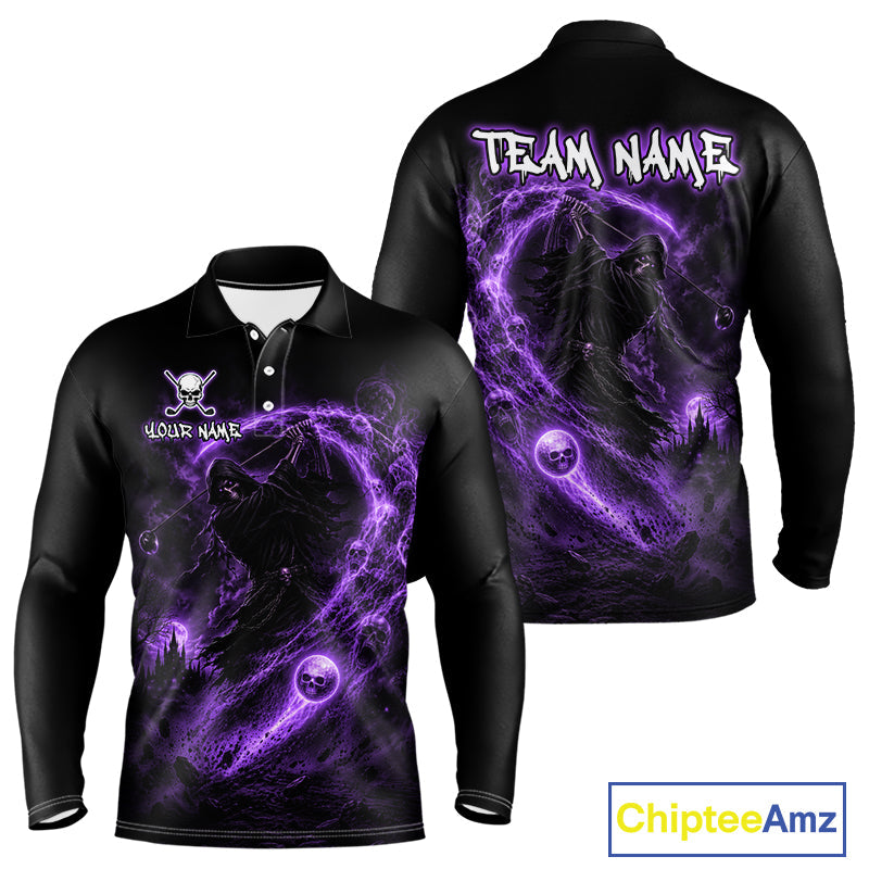 Purple Grim Reaper Golf Polo Shirt – Personalized Team Name Gothic Golf Jersey