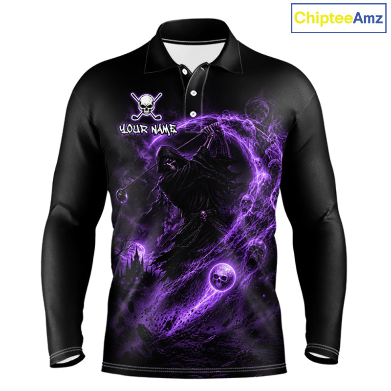 Purple Grim Reaper Golf Polo Shirt – Personalized Team Name Gothic Golf Jersey