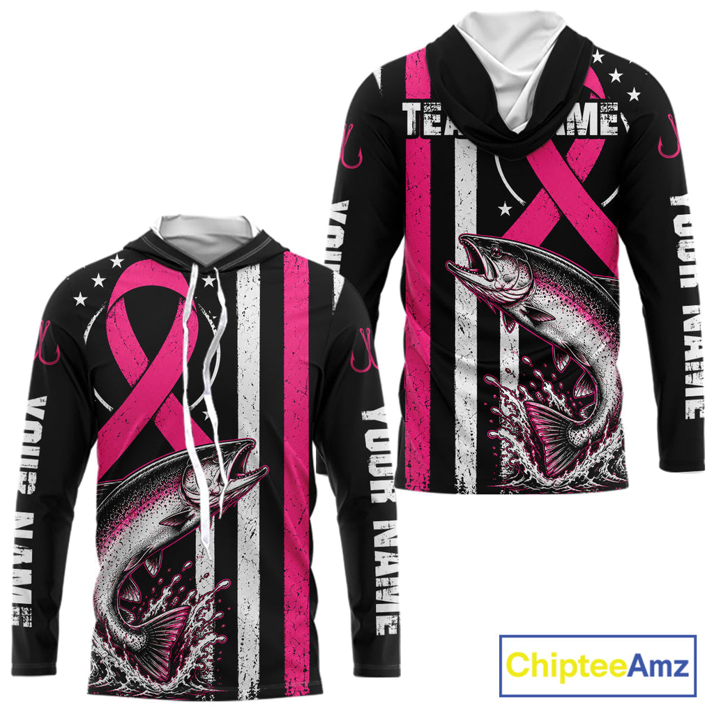 Breast Cancer Awareness Chinook Salmon Fishing Shirt Hooded Long Sleeve Personalized Custom Name