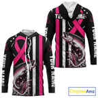 Breast Cancer Awareness Chinook Salmon Fishing Shirt Hooded Long Sleeve Personalized Custom Name