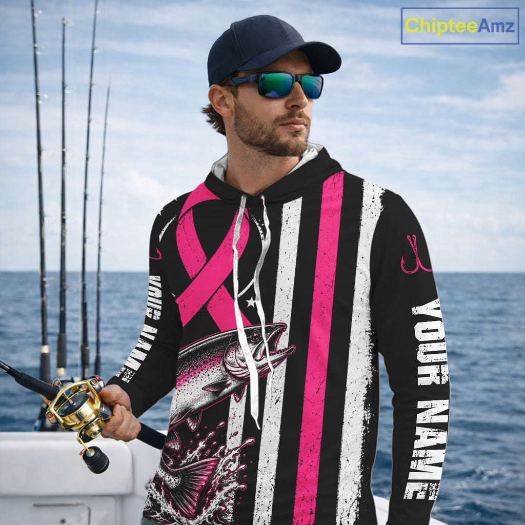 Breast Cancer Awareness Chinook Salmon Fishing Shirt Hooded Long Sleeve Personalized Custom Name