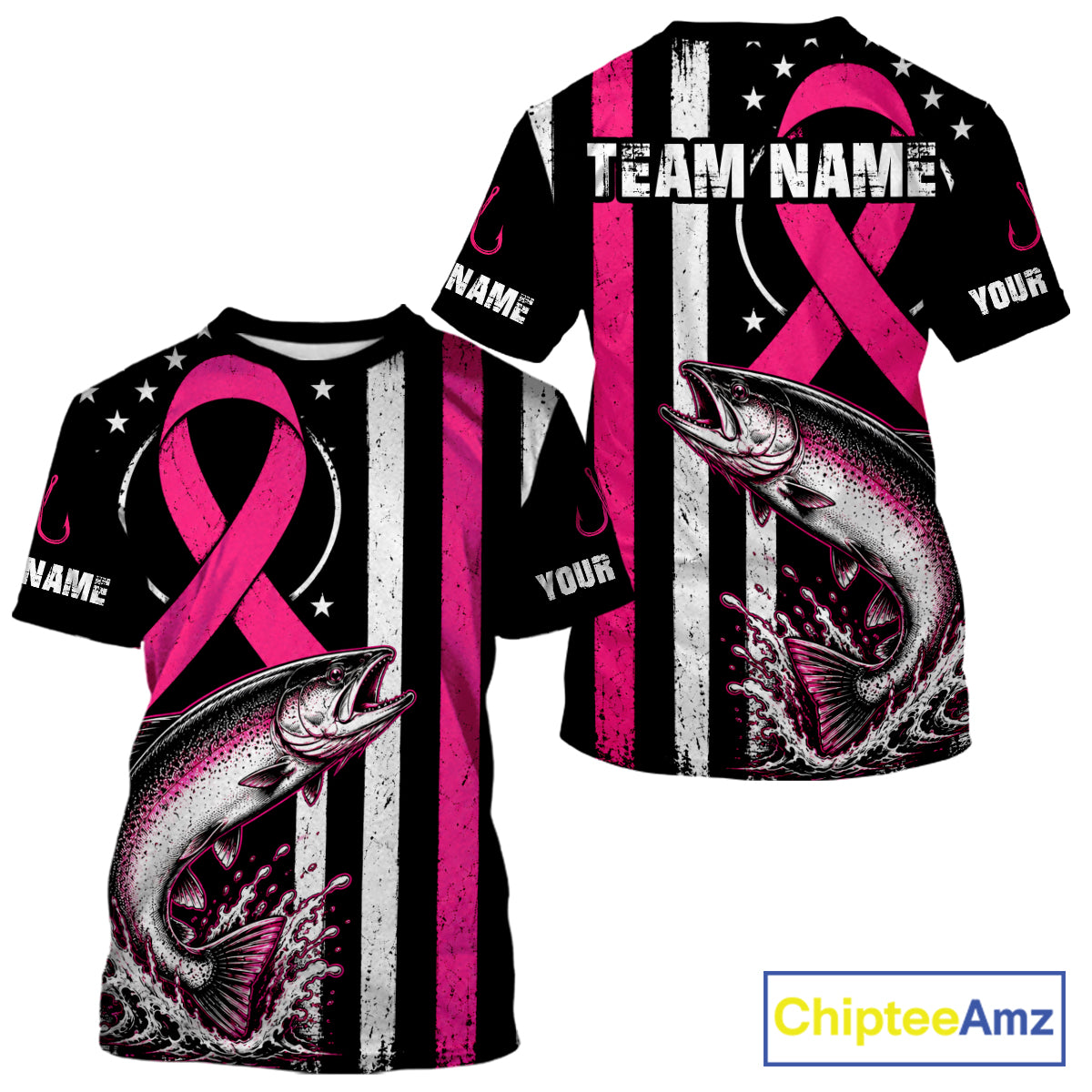 Breast Cancer Awareness Chinook Salmon Fishing Shirts Short Sleeve Personalized Custom Name