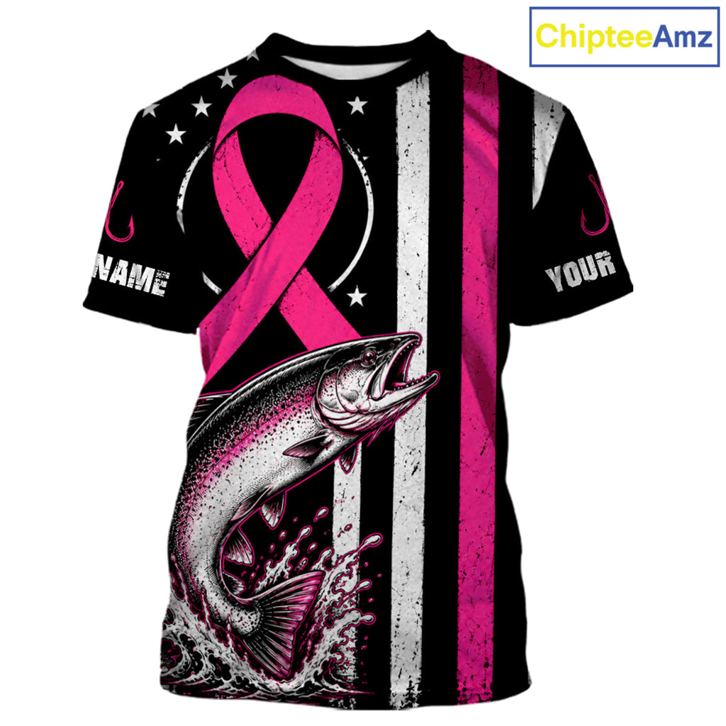 Breast Cancer Awareness Chinook Salmon Fishing Shirts Short Sleeve Personalized Custom Name