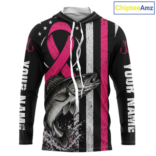 Breast Cancer Awareness Walleye Fishing Shirt Hooded Long Sleeve Personalized Custom Name