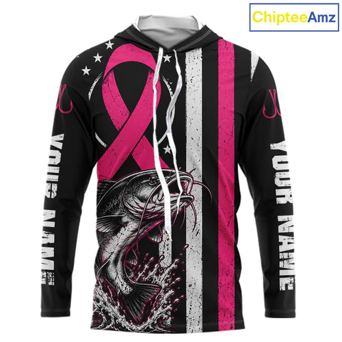 Breast Cancer Awareness Catfish Fishing Shirt Hooded Long Sleeve Personalized Custom Name