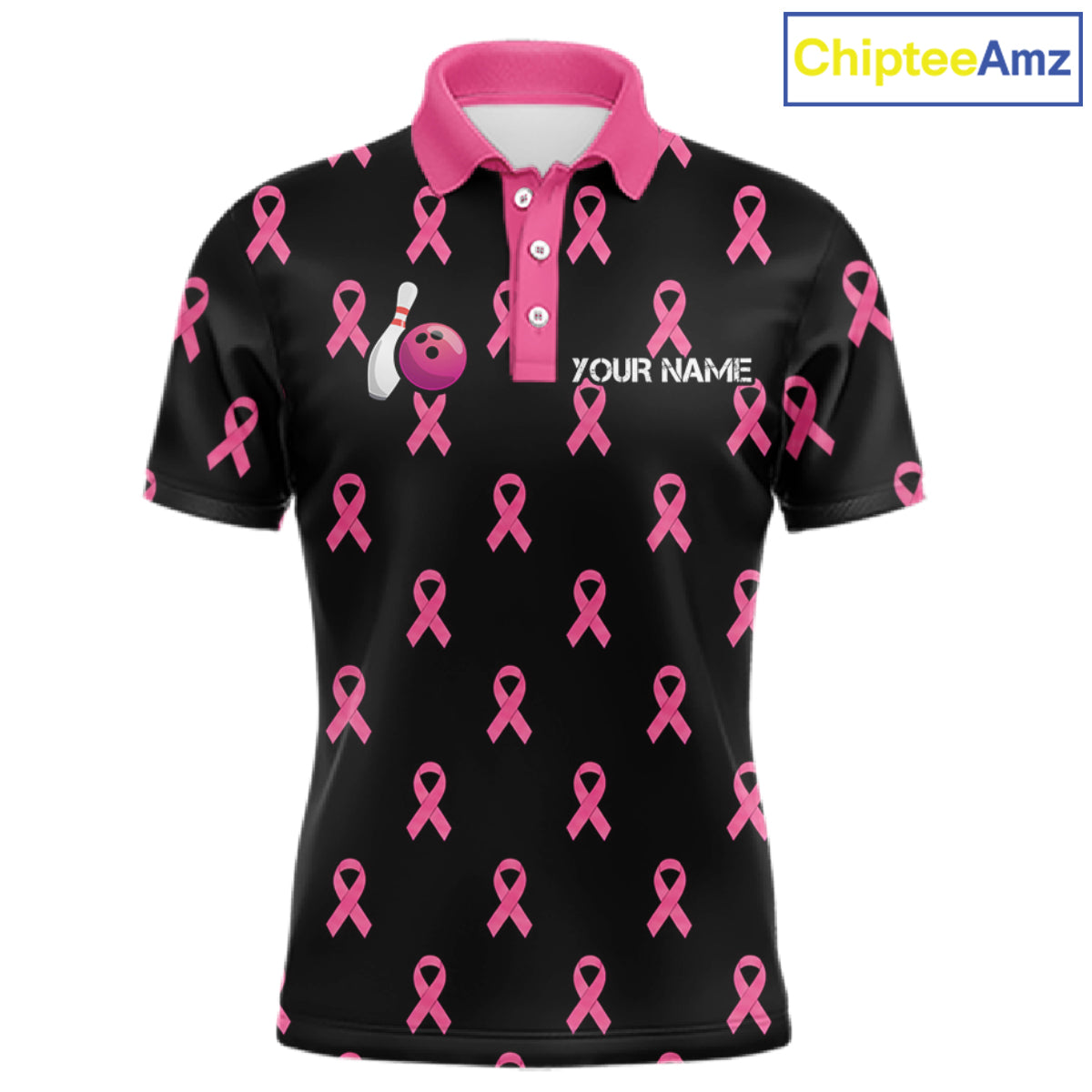 Custom Pink Ribbon Bowling Shirt, American Flag Breast Cancer Awareness Polo Gift For Bowler