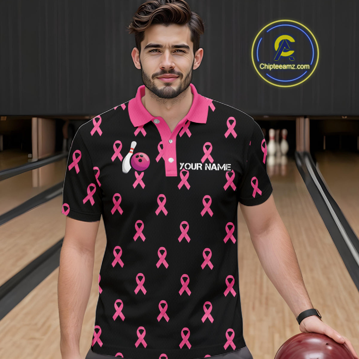 Custom Pink Ribbon Bowling Shirt, American Flag Breast Cancer Awareness Polo Gift For Bowler