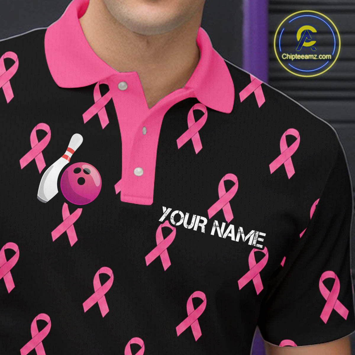 Custom Pink Ribbon Bowling Shirt, American Flag Breast Cancer Awareness Polo Gift For Bowler