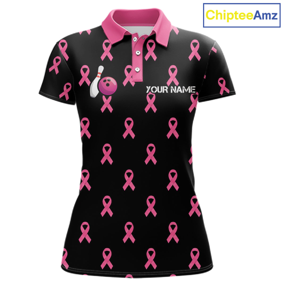 Custom Pink Ribbon Bowling Shirt, American Flag Breast Cancer Awareness Polo Gift For Bowler
