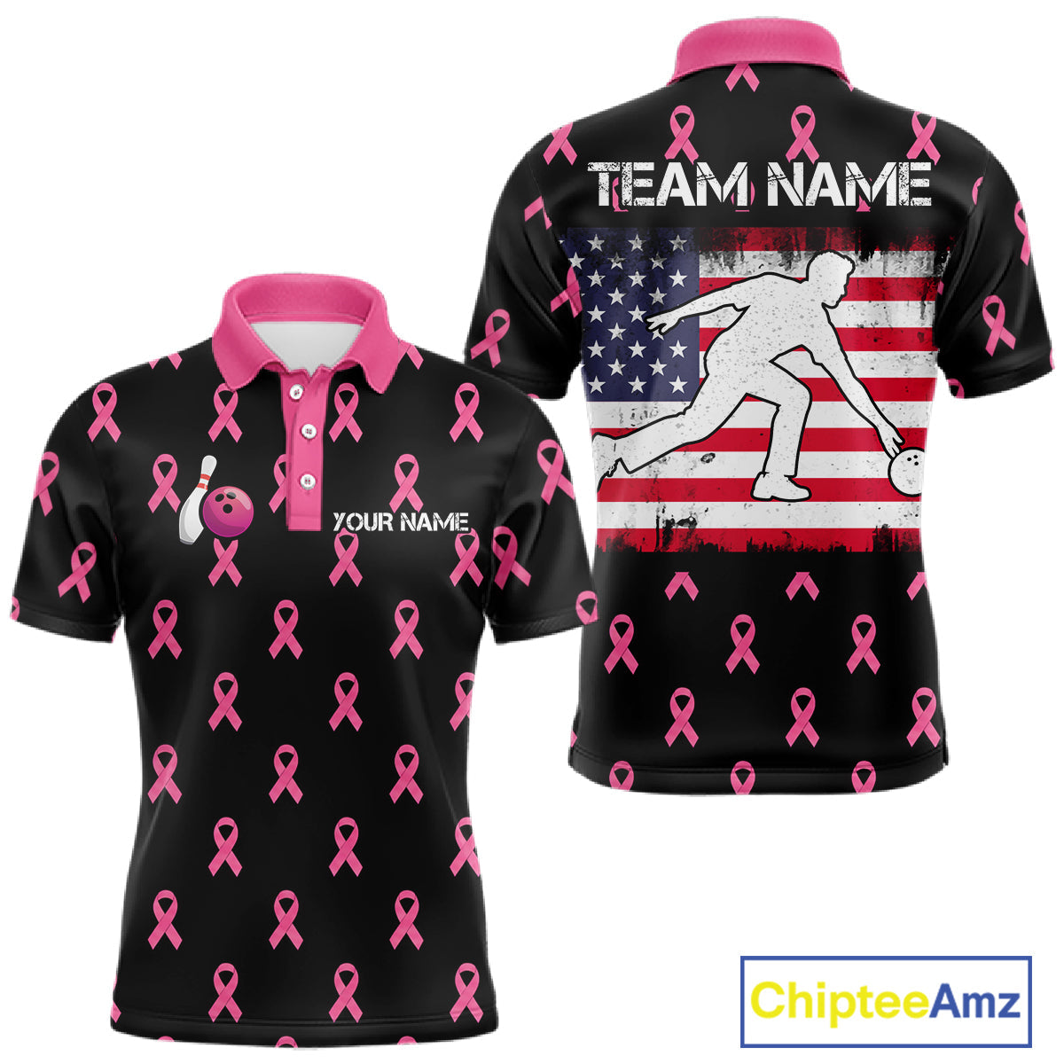 Custom Pink Ribbon Bowling Shirt, American Flag Breast Cancer Awareness Polo Gift For Bowler