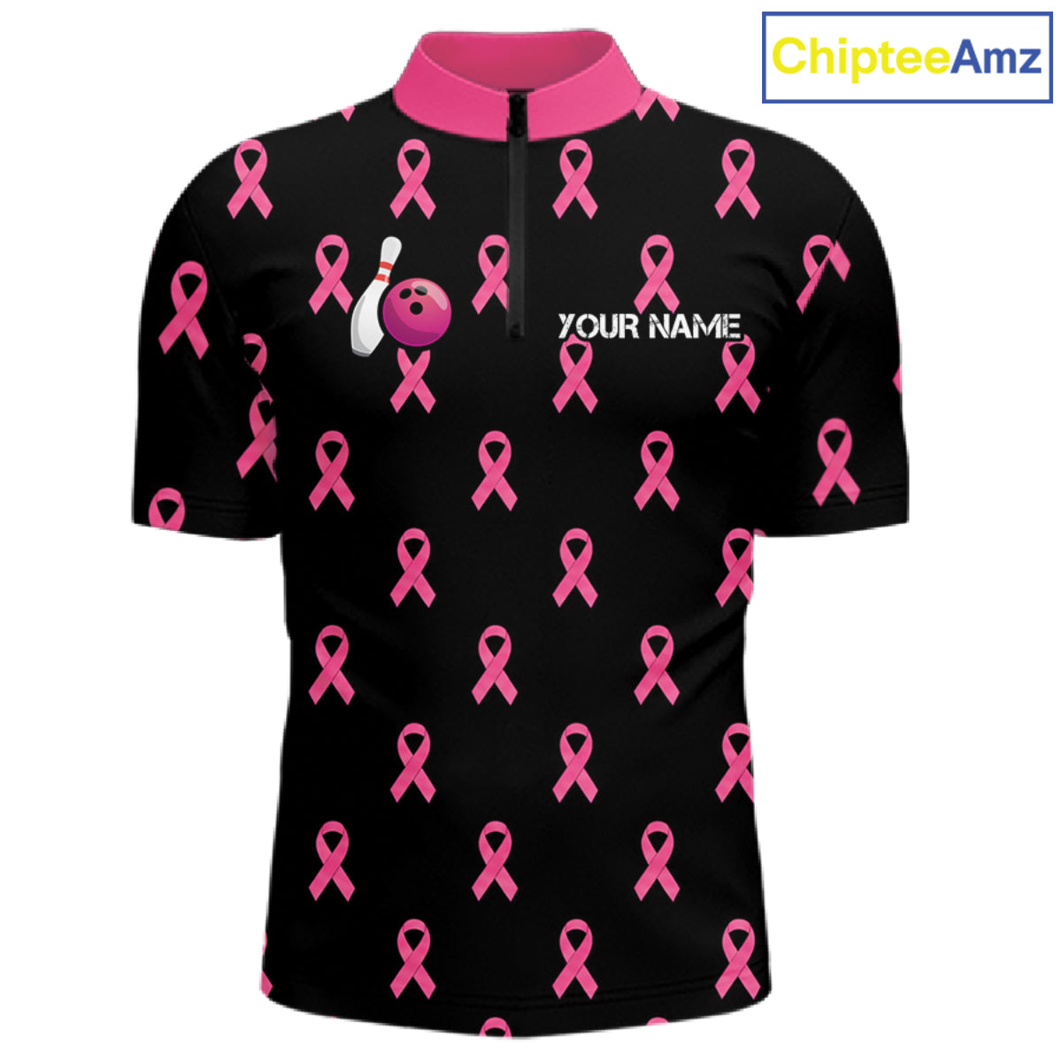 Custom Pink Ribbon Bowling Shirt, American Flag Breast Cancer Awareness Polo Gift For Bowler