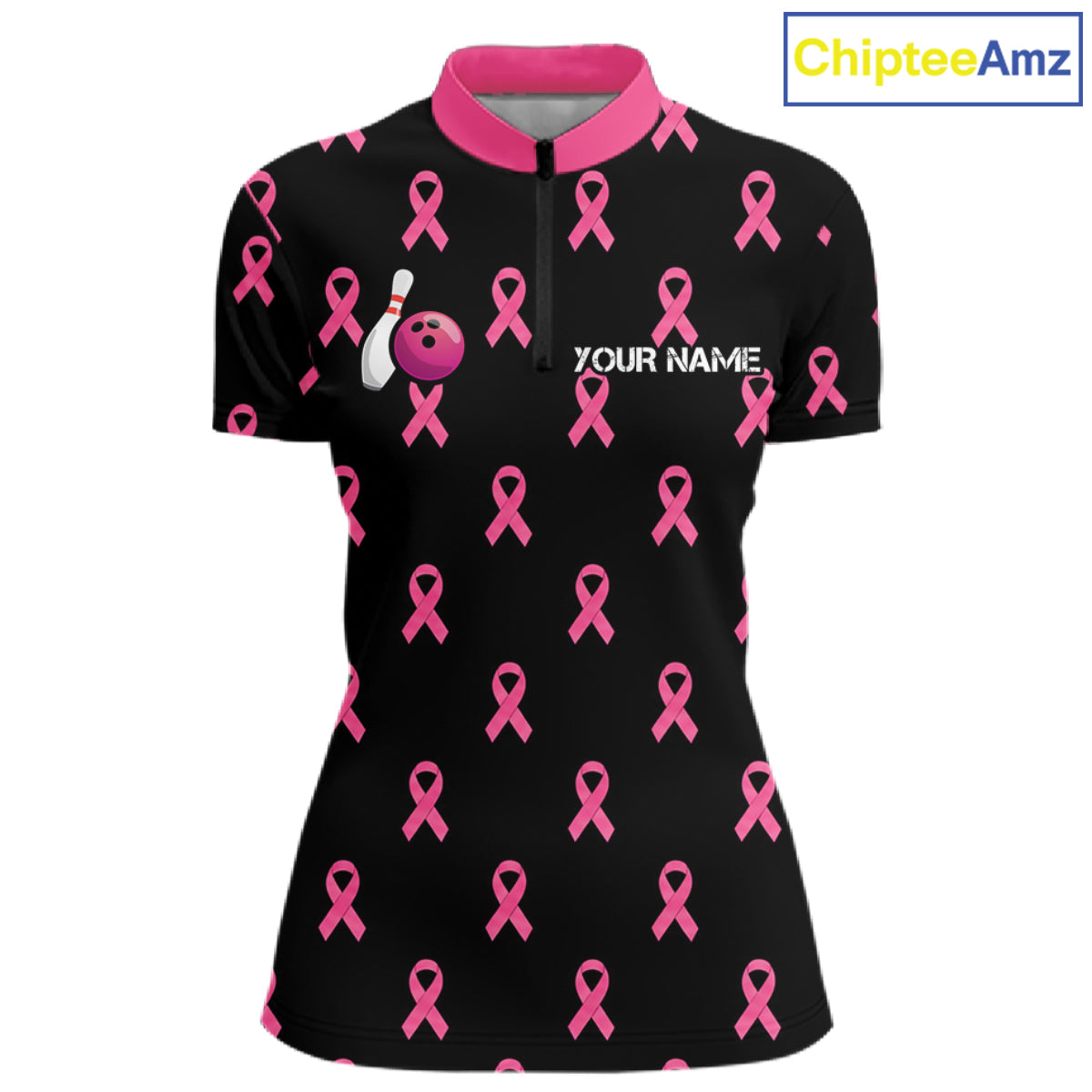 Custom Pink Ribbon Bowling Shirt, American Flag Breast Cancer Awareness Polo Gift For Bowler