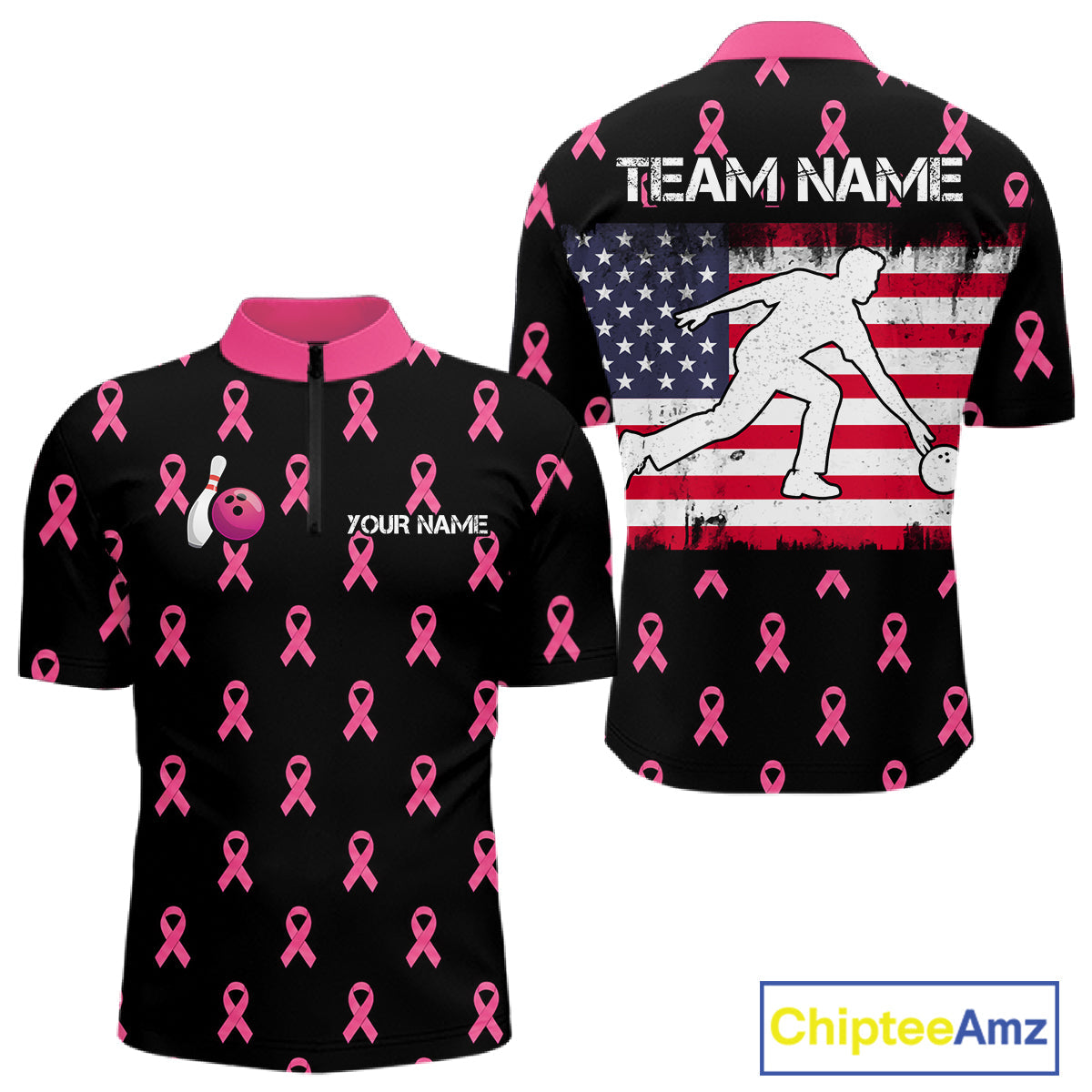 Custom Pink Ribbon Bowling Shirt, American Flag Breast Cancer Awareness Polo Gift For Bowler