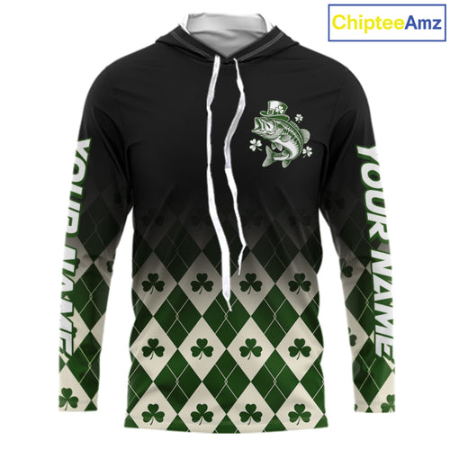 St. Patrick’S Day Bass Fishing Shirt, Shamrock Argyle Hooded Long Sleeve Shirt For Anglers