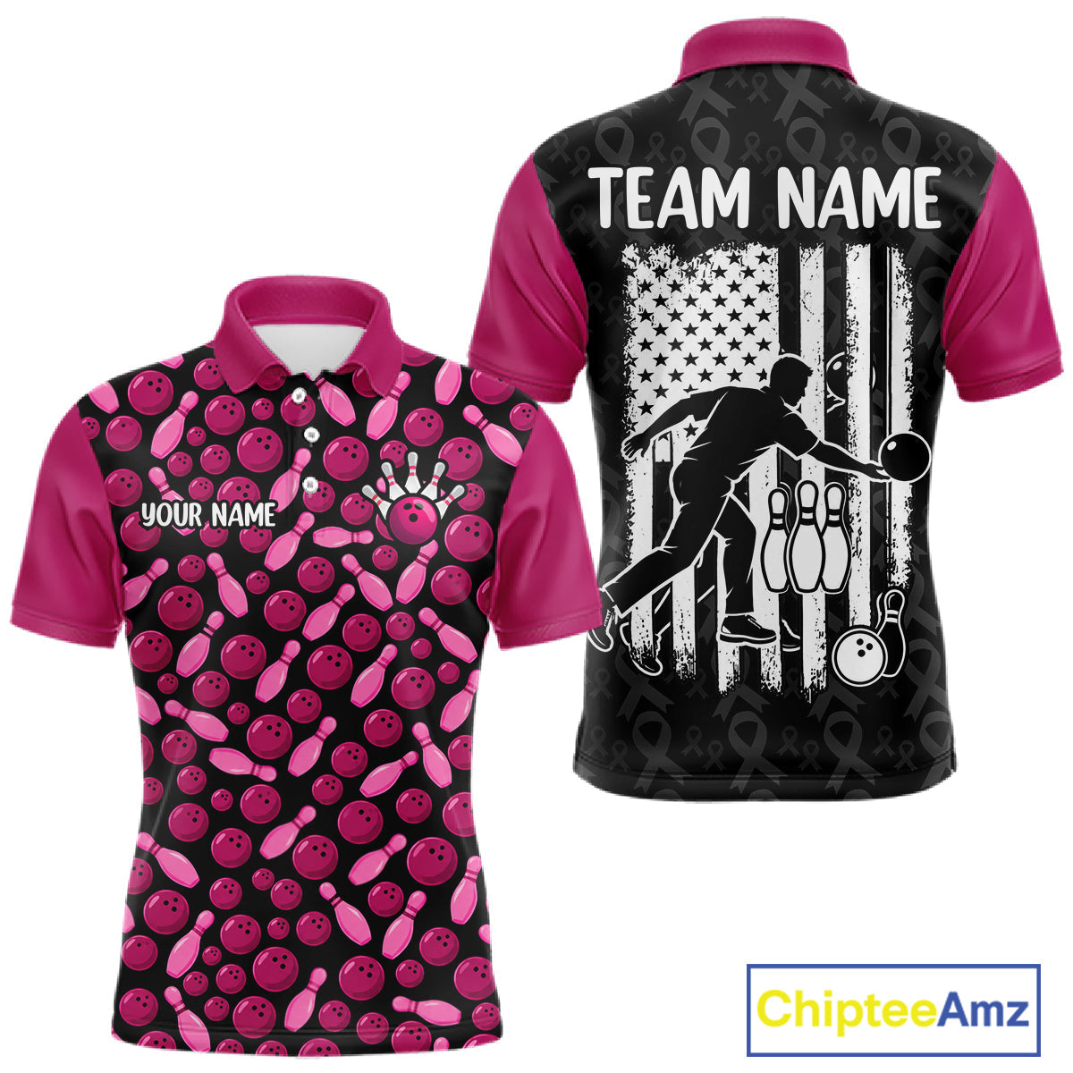 Breast Cancer Awareness Pink Ribbon Bowling Polo Shirt Custom USA Flag Team Tournament Jersey