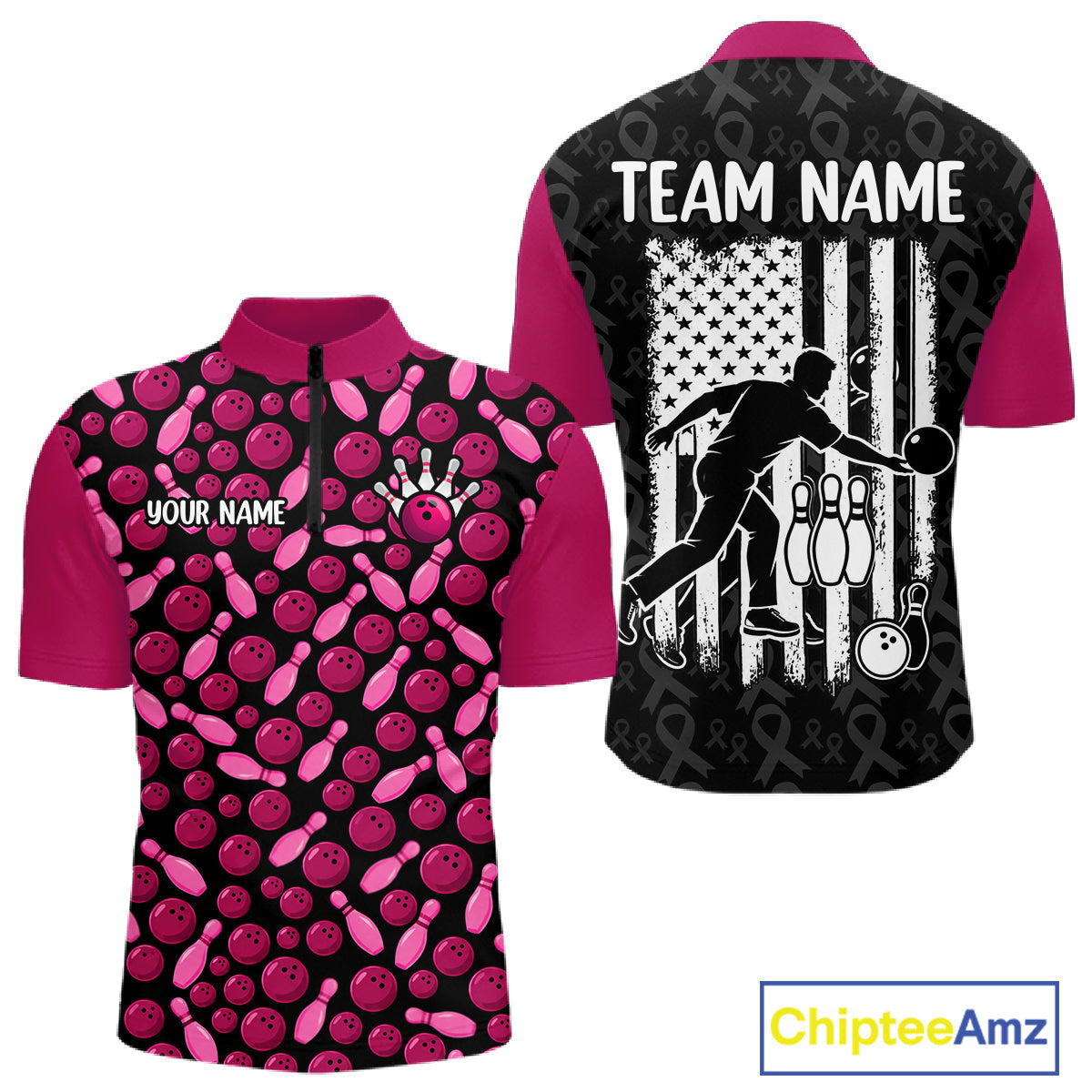 Breast Cancer Awareness Pink Ribbon Bowling Polo Shirt Custom USA Flag Team Tournament Jersey