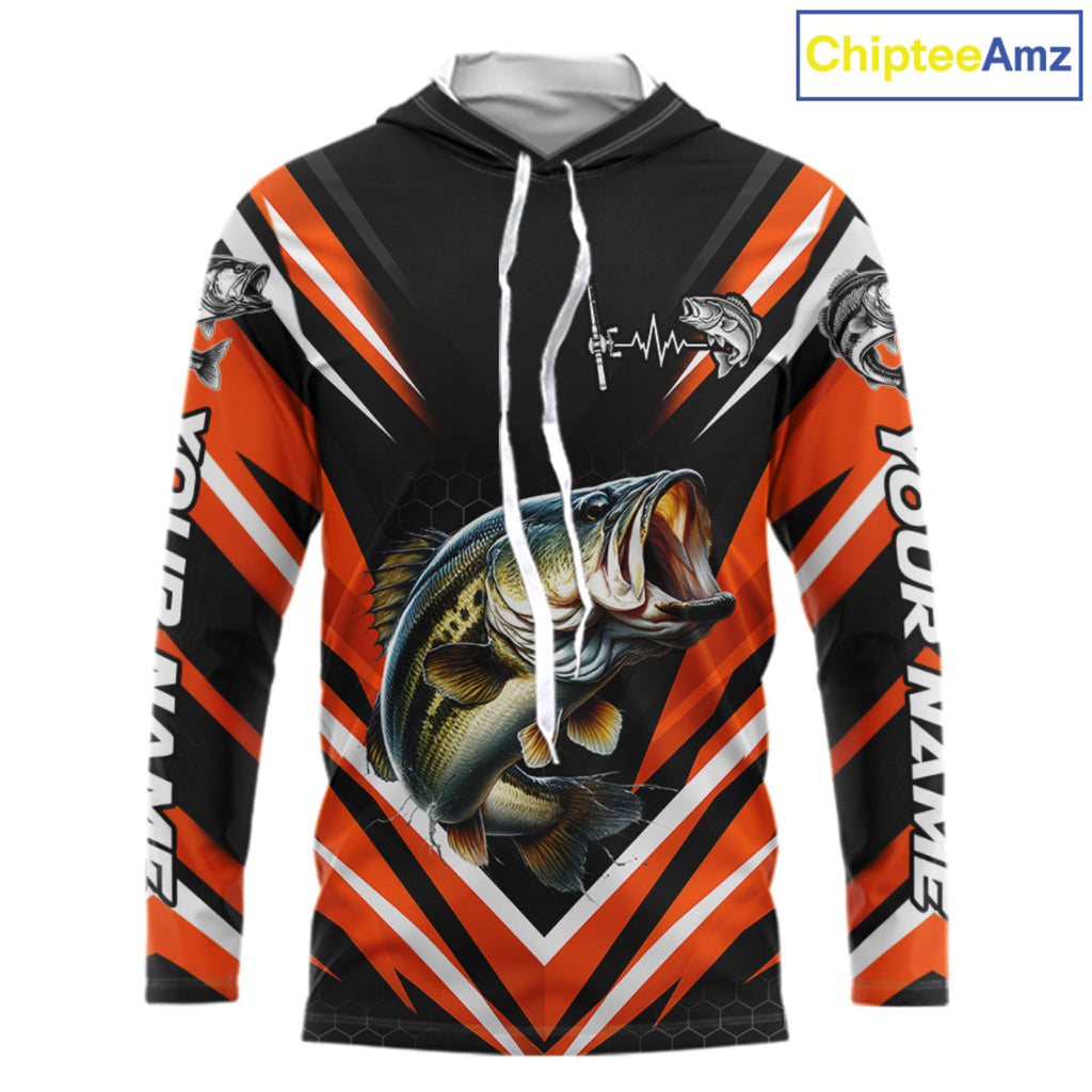Largemouth Bass Fishing Long Sleeve Hooded Shirt Custom Orange Black Fish Performance Jersey