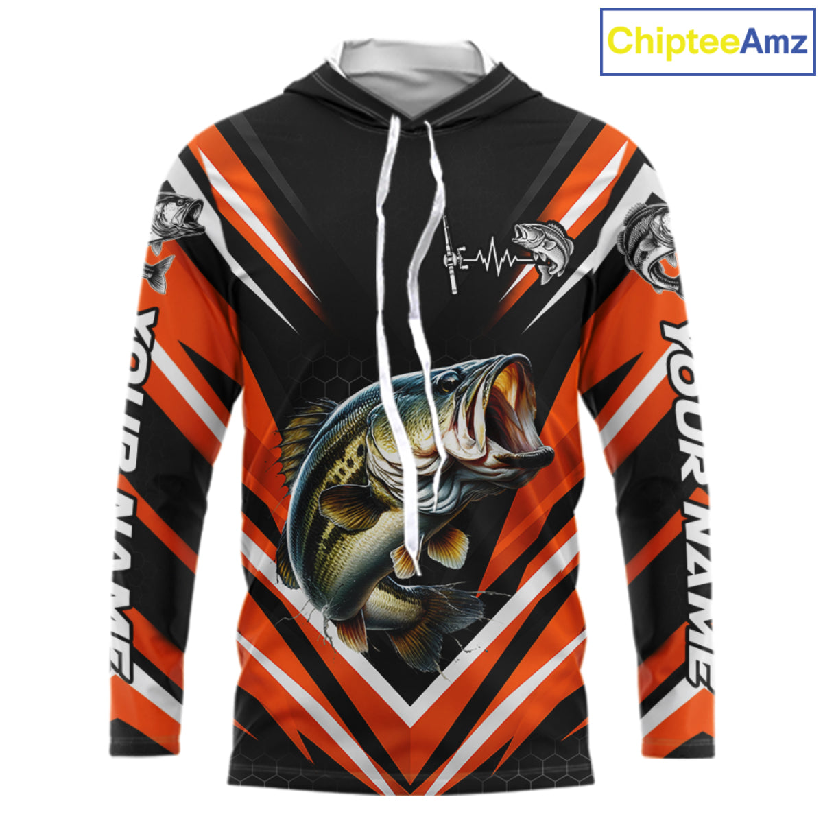 Largemouth Bass Fishing Long Sleeve Hooded Shirt Custom Orange Black Fish Performance Jersey