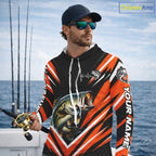 Largemouth Bass Fishing Long Sleeve Hooded Shirt Custom Orange Black Fish Performance Jersey