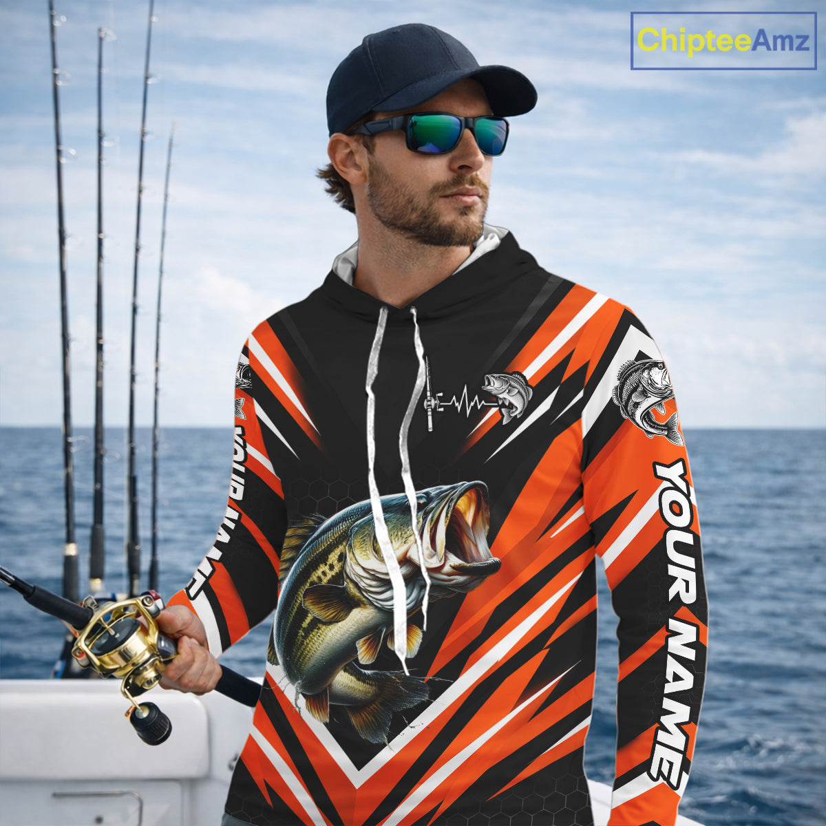 Largemouth Bass Fishing Long Sleeve Hooded Shirt Custom Orange Black Fish Performance Jersey