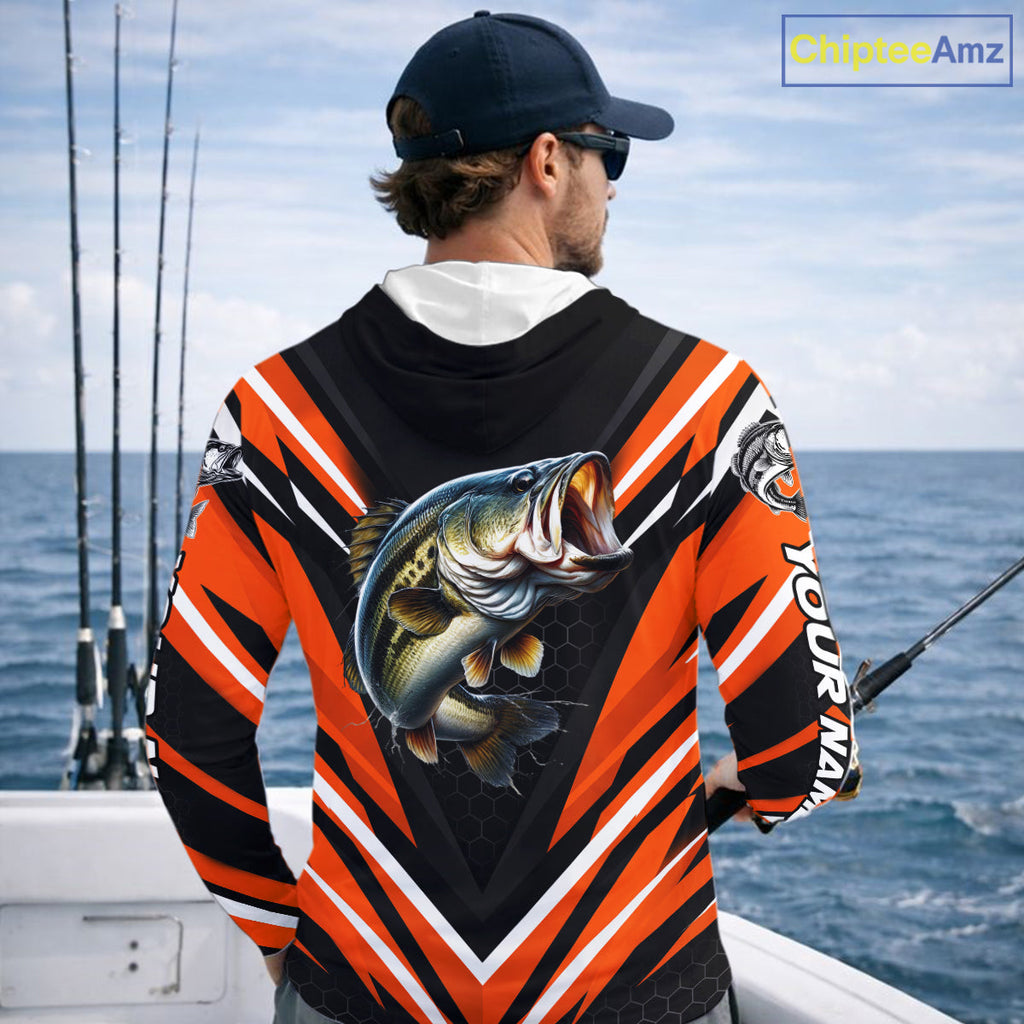 Largemouth Bass Fishing Long Sleeve Hooded Shirt Custom Orange Black Fish Performance Jersey
