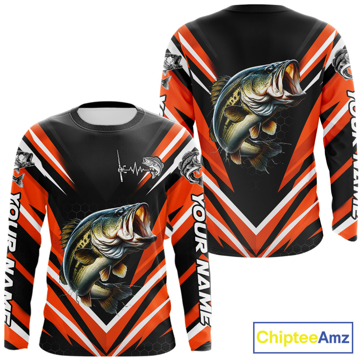 Largemouth Bass Fishing Long Sleeve Shirt Custom Orange Black Fish Performance Jersey