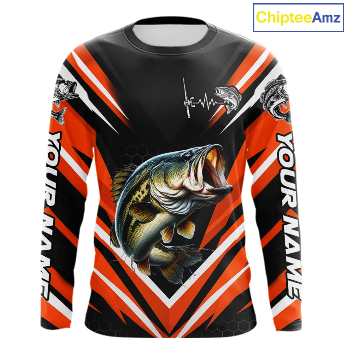 Largemouth Bass Fishing Long Sleeve Shirt Custom Orange Black Fish Performance Jersey