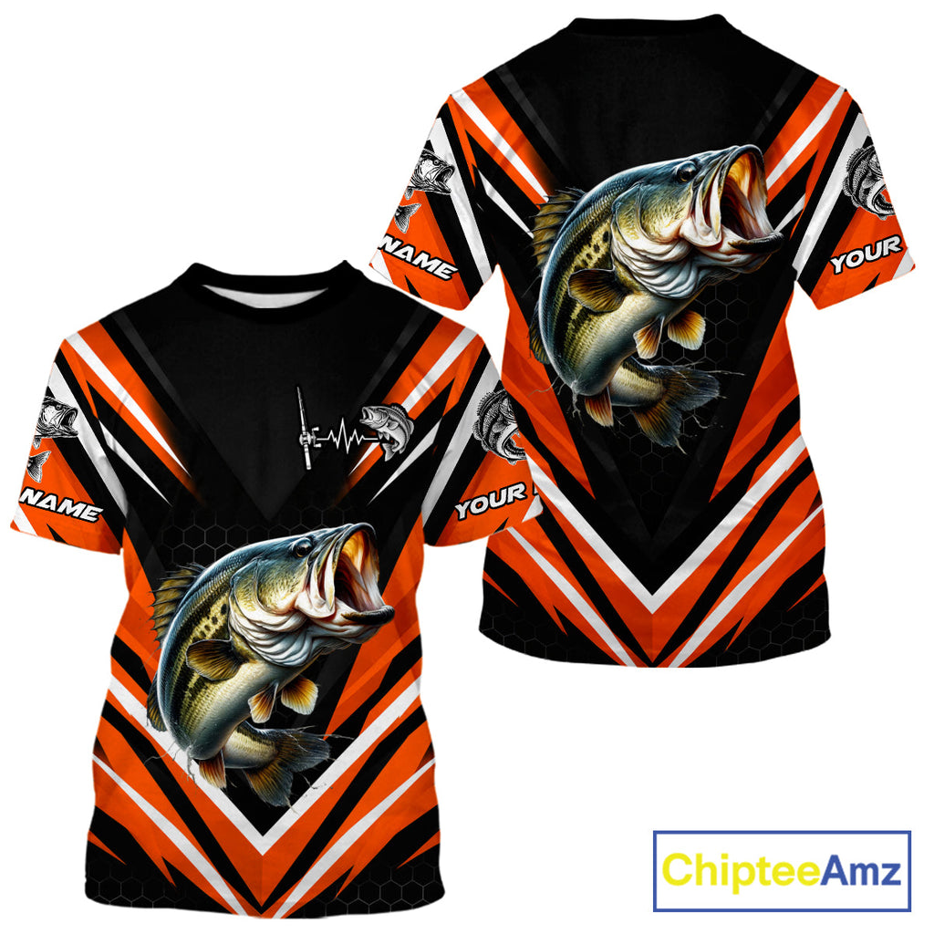 Largemouth Bass Fishing Short Sleeve Shirt Custom Orange Black Fish Performance Jersey