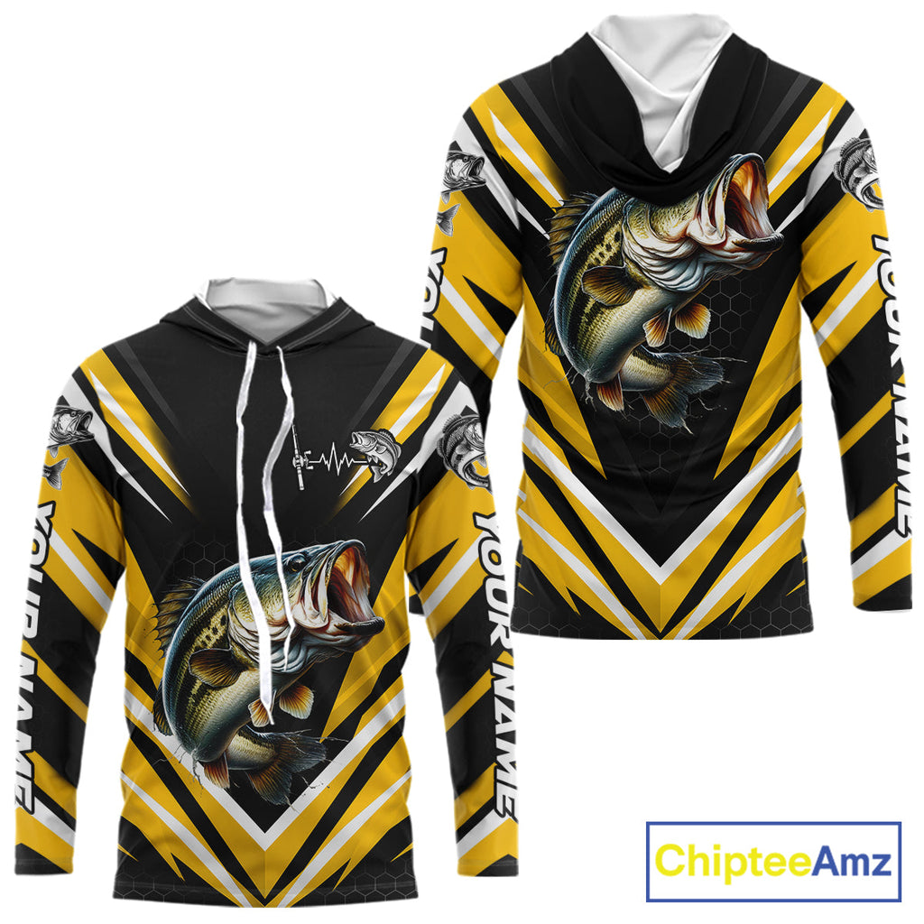 Largemouth Bass Fishing Long Sleeve Hooded Shirt Custom Yellow Black Fish Performance Jersey