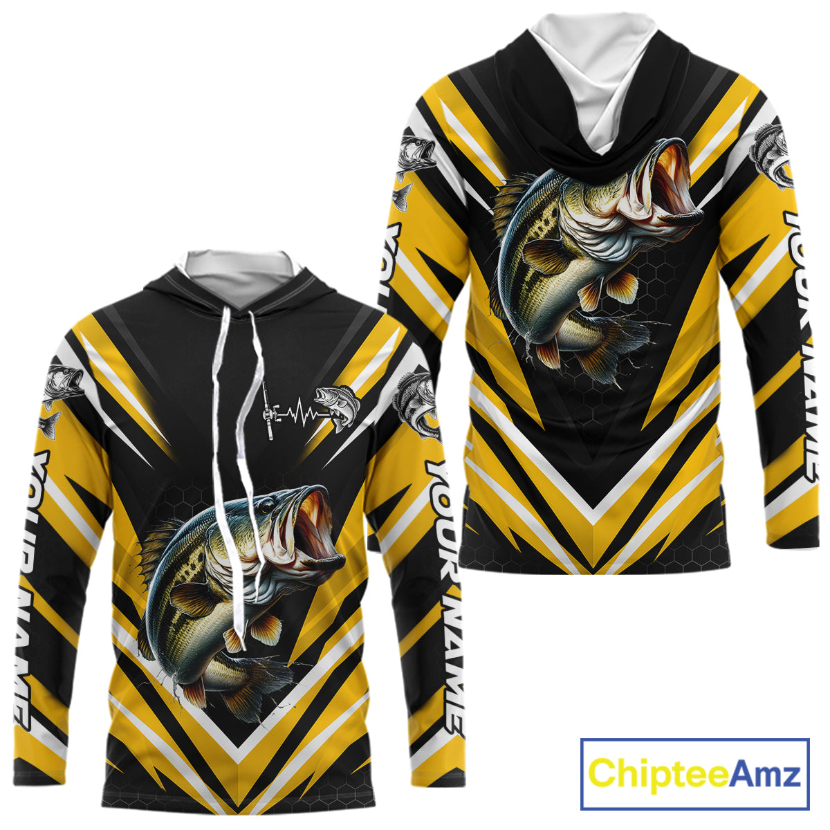 Largemouth Bass Fishing Long Sleeve Hooded Shirt Custom Yellow Black Fish Performance Jersey
