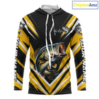 Largemouth Bass Fishing Long Sleeve Hooded Shirt Custom Yellow Black Fish Performance Jersey
