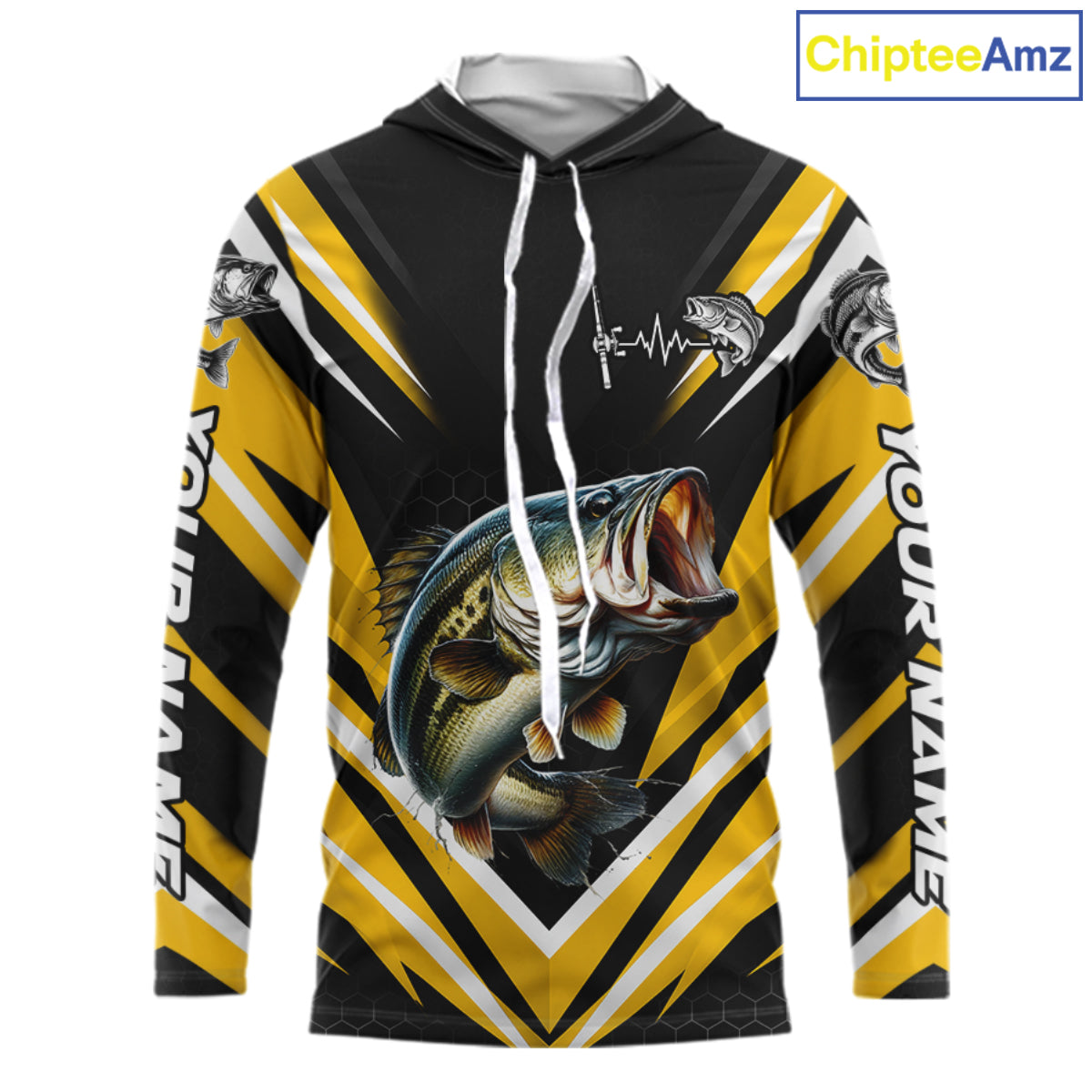 Largemouth Bass Fishing Long Sleeve Hooded Shirt Custom Yellow Black Fish Performance Jersey