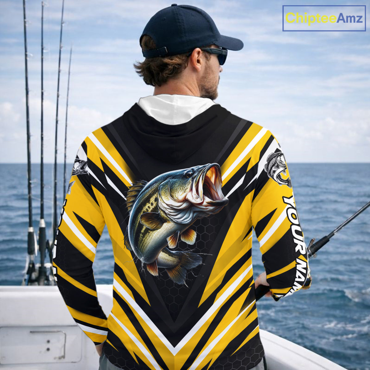 Largemouth Bass Fishing Long Sleeve Hooded Shirt Custom Yellow Black Fish Performance Jersey