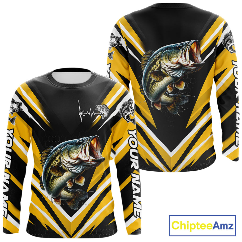 Largemouth Bass Fishing Long Sleeve Shirt Custom Yellow Black Fish Performance Jersey