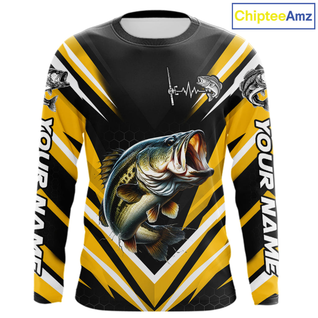 Largemouth Bass Fishing Long Sleeve Shirt Custom Yellow Black Fish Performance Jersey