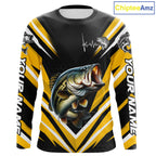 Largemouth Bass Fishing Long Sleeve Shirt Custom Yellow Black Fish Performance Jersey