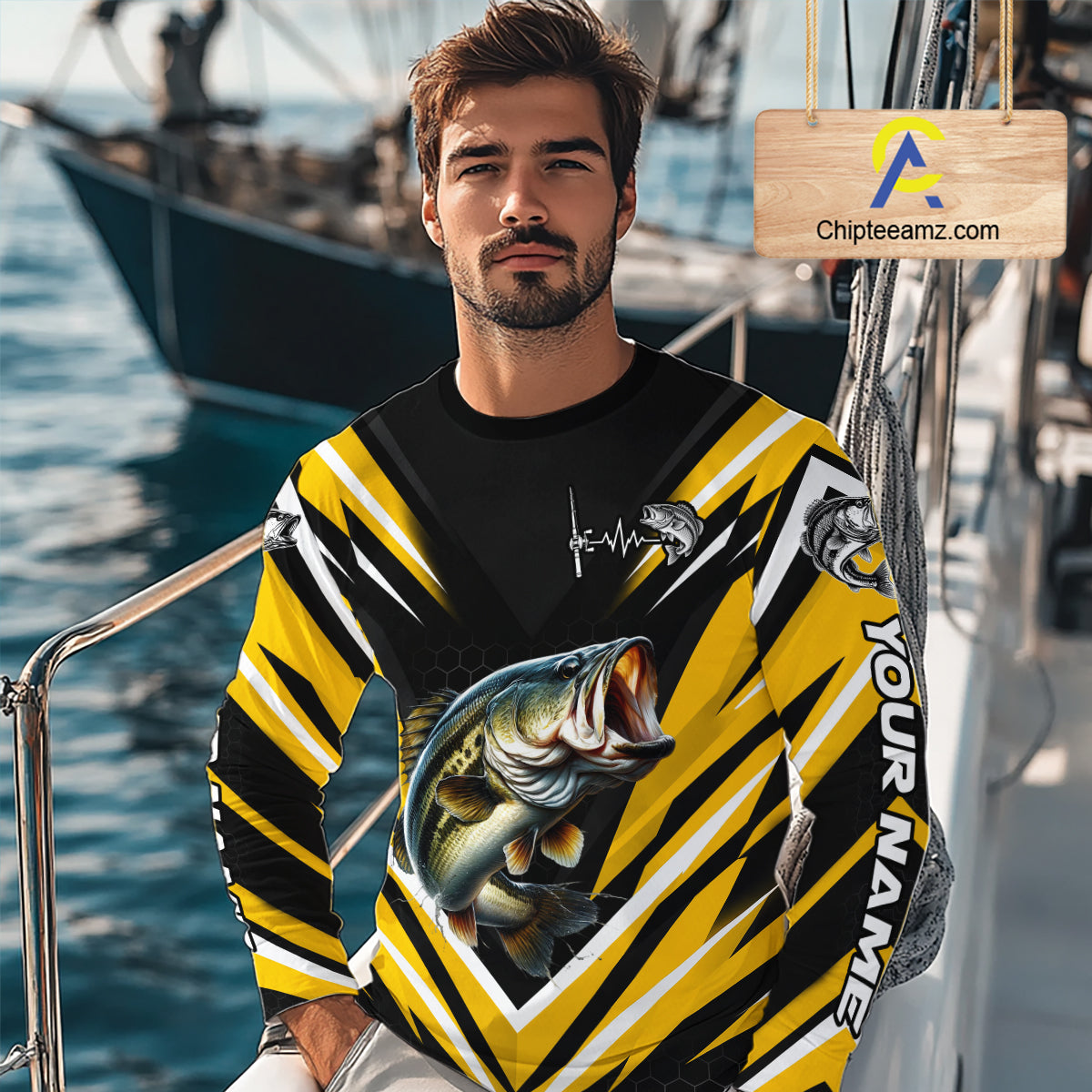 Largemouth Bass Fishing Long Sleeve Shirt Custom Yellow Black Fish Performance Jersey