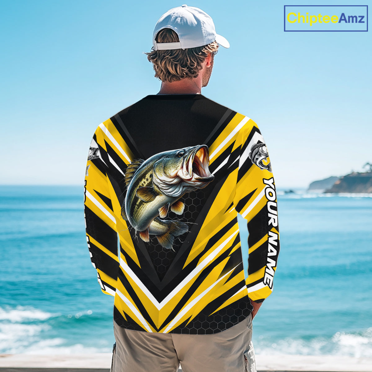 Largemouth Bass Fishing Long Sleeve Shirt Custom Yellow Black Fish Performance Jersey