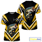 Largemouth Bass Fishing Short Sleeve Shirt Custom Yellow Black Fish Performance Jersey