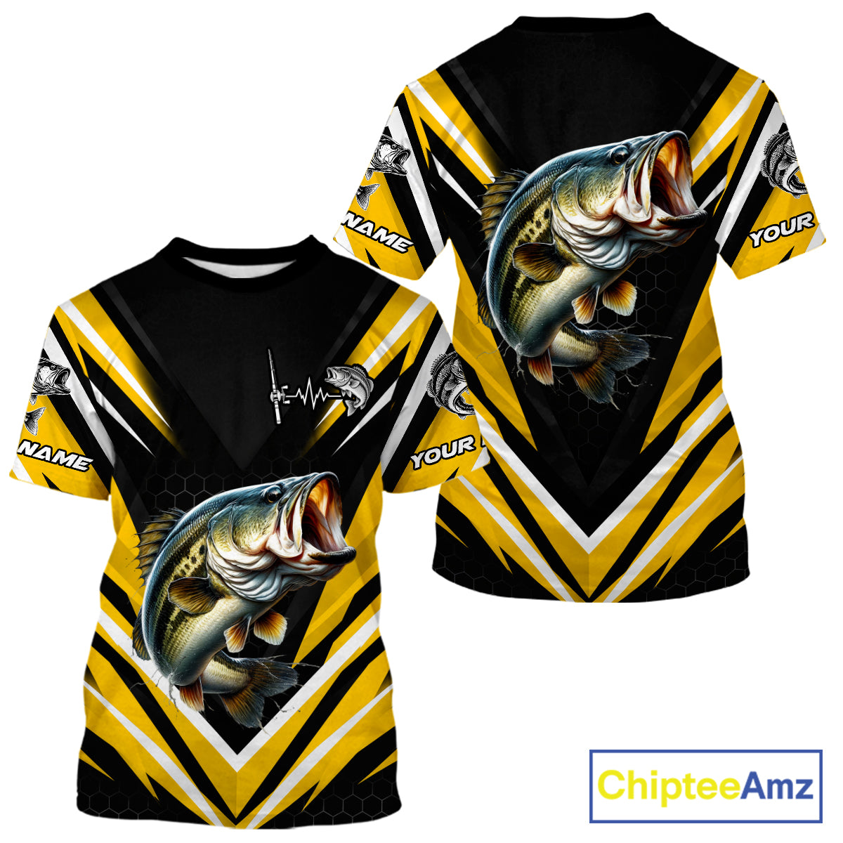 Largemouth Bass Fishing Short Sleeve Shirt Custom Yellow Black Fish Performance Jersey