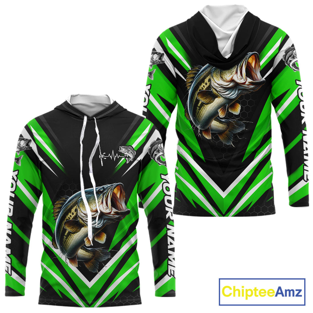Largemouth Bass Fishing Long Sleeve Hooded Shirt Custom Green Black Fish Performance Jersey