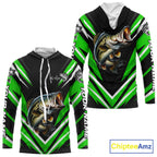 Largemouth Bass Fishing Long Sleeve Hooded Shirt Custom Green Black Fish Performance Jersey