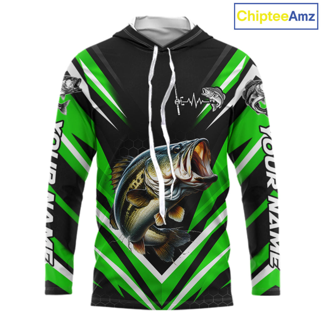Largemouth Bass Fishing Long Sleeve Hooded Shirt Custom Green Black Fish Performance Jersey