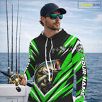 Largemouth Bass Fishing Long Sleeve Hooded Shirt Custom Green Black Fish Performance Jersey