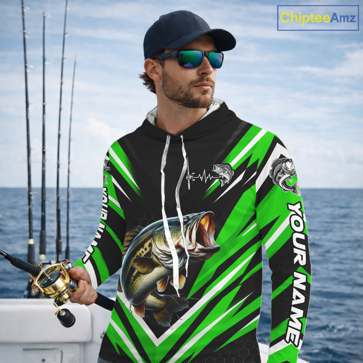 Largemouth Bass Fishing Long Sleeve Hooded Shirt Custom Green Black Fish Performance Jersey