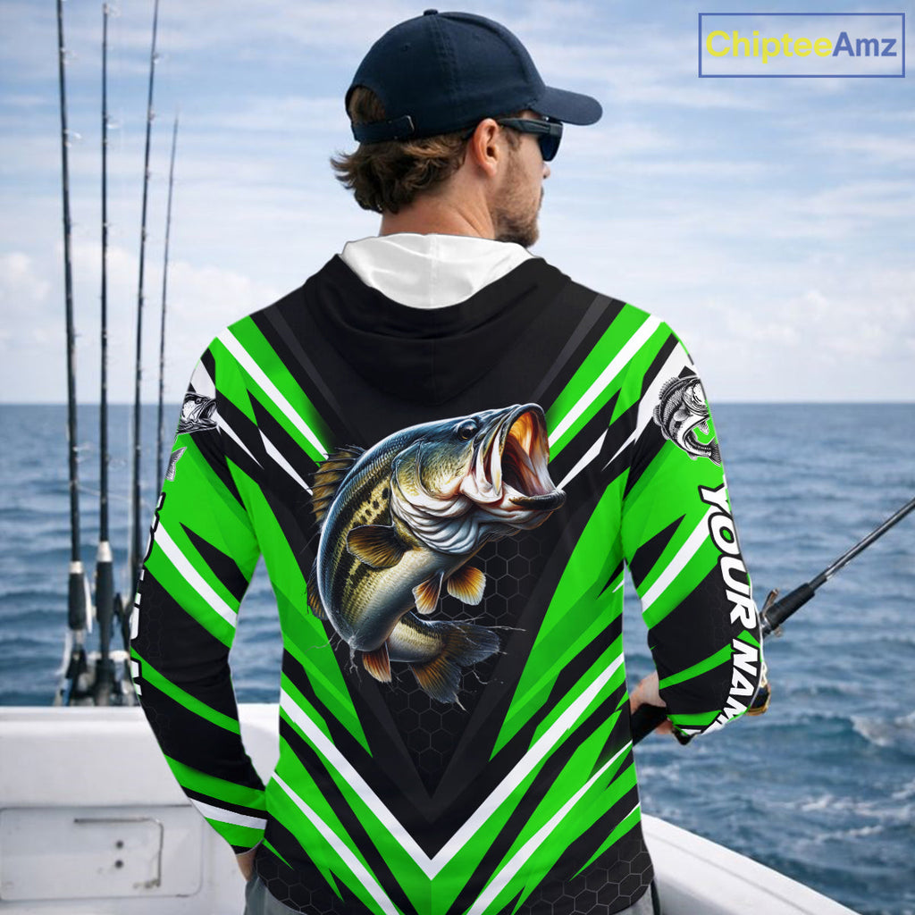 Largemouth Bass Fishing Long Sleeve Hooded Shirt Custom Green Black Fish Performance Jersey